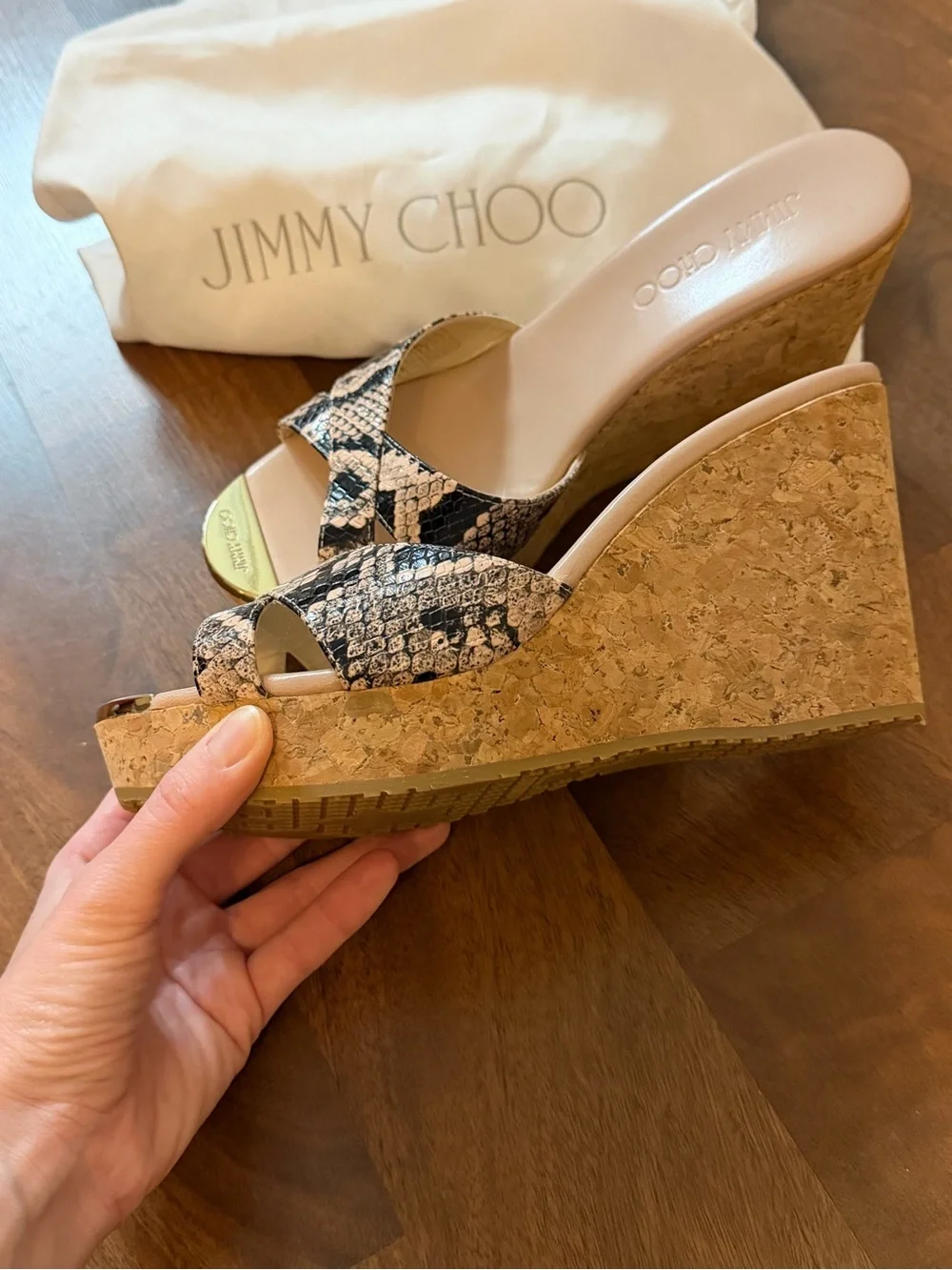 Jimmy Choo Beige and Black Snake-Print Wedge Sandals with Gold Toe Accent